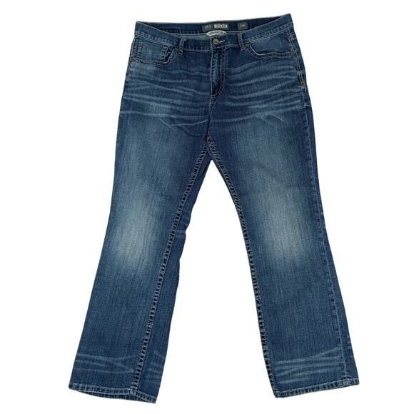 BKE Buckle Tyler Jeans Mens 38R 38X31 Blue Straight Leg Whiskered Distressed - Picture 2 of 14